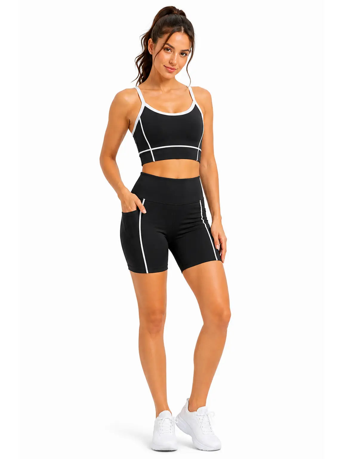 Black Contrast Trim Active Crop Top & Biker Shorts Set
