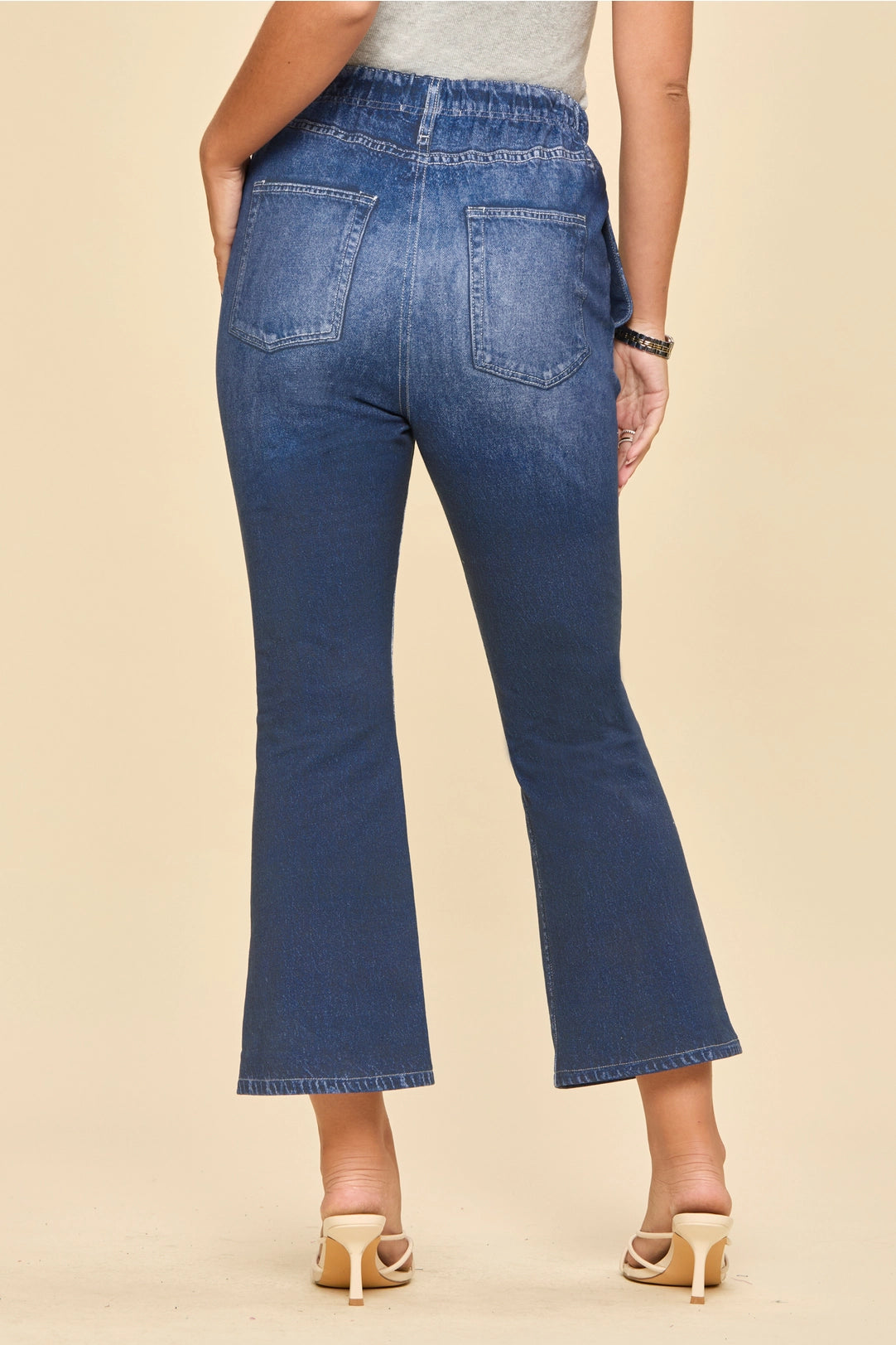 High Rise Elastic Waist Cropped Flare Jeans in Dark Denim