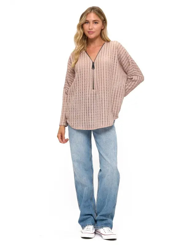 Blush Pink Textured Zip Front Long Sleeve Top