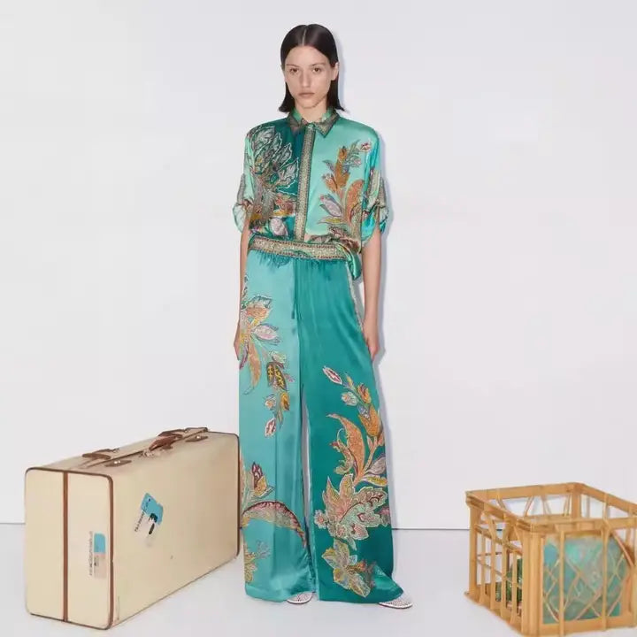 Blue Silk Print Button-Up Blouse and Wide-Leg Pants Set