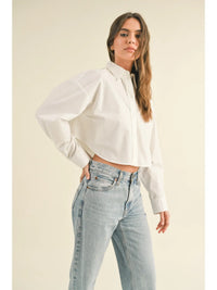 White Cropped Button-Up Long Sleeve Shirt Top