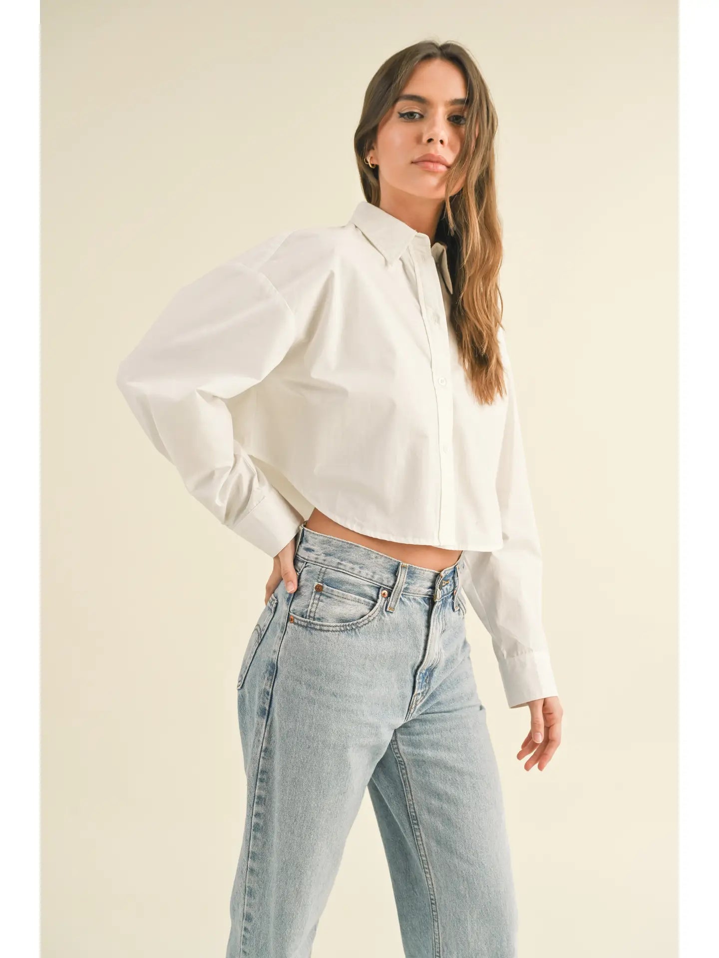White Cropped Button-Up Long Sleeve Shirt Top