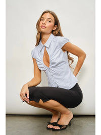 Blue Striped Keyhole Fitted Top Collared Button Front Cap Sleeve Blouse