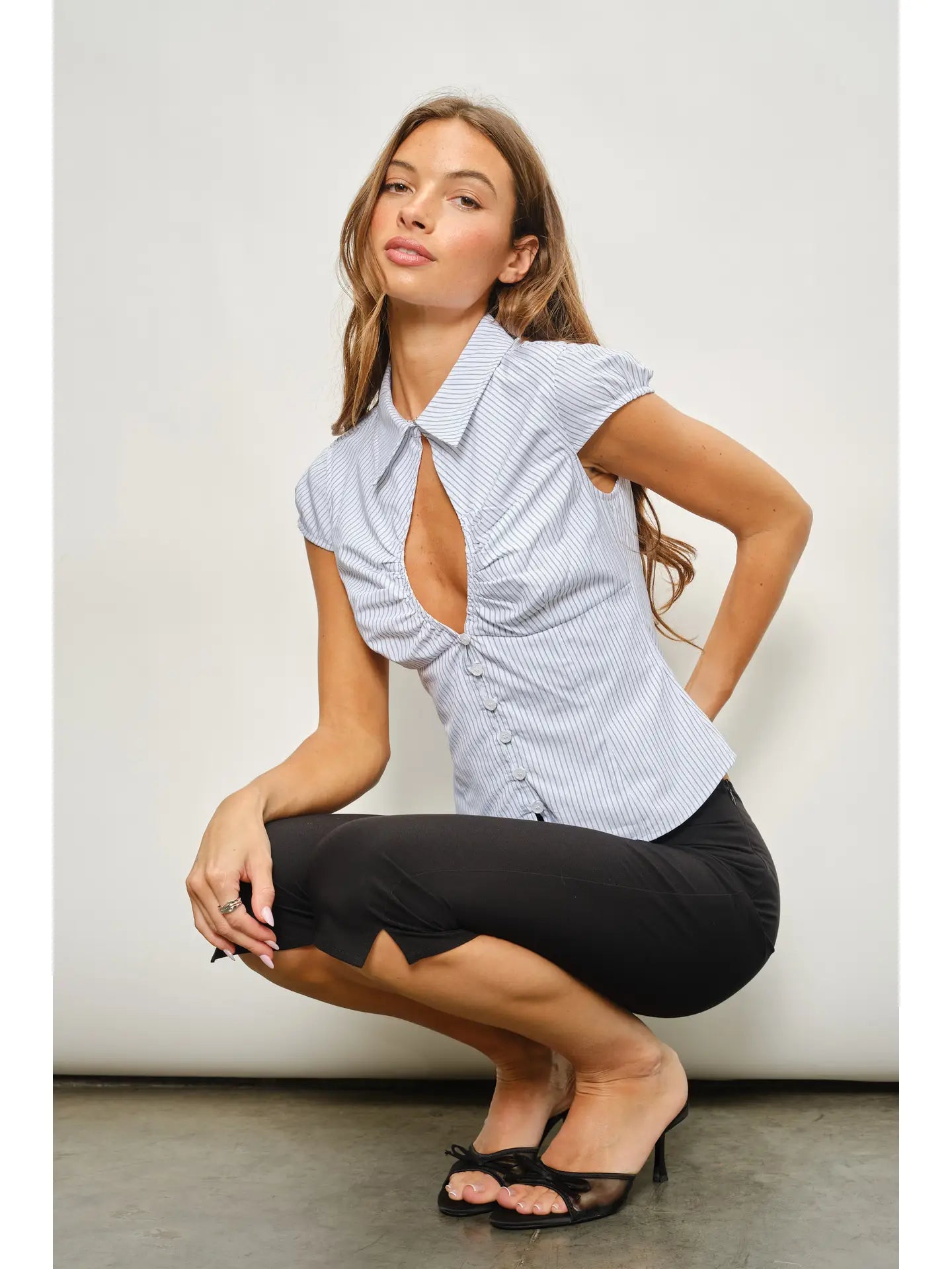 Blue Striped Keyhole Fitted Top Collared Button Front Cap Sleeve Blouse