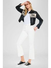 High Rise Cropped Flare White Denim Jeans with Raw Hem