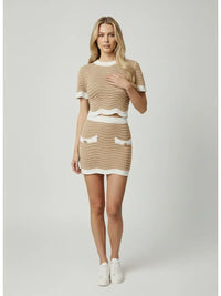 Nude Textured Knit Crop Top and Mini Skirt Set with Contrast Trim
