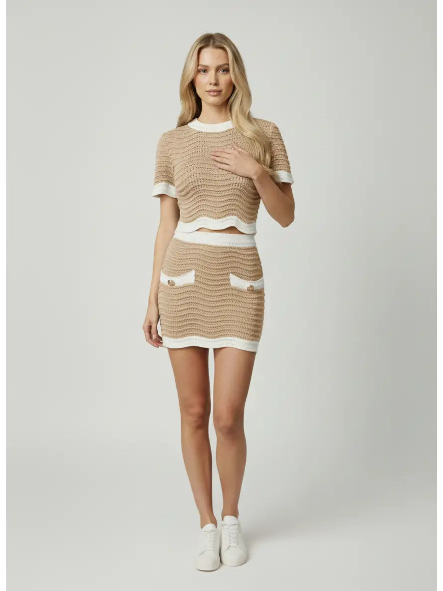 Nude Textured Knit Crop Top and Mini Skirt Set with Contrast Trim