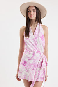Pink Toile Halter Wrap Mini Dress