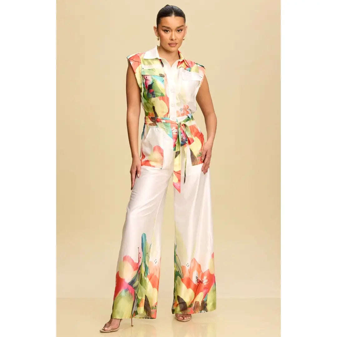 Floral Satin Belted Wide-Leg Jumpsuit