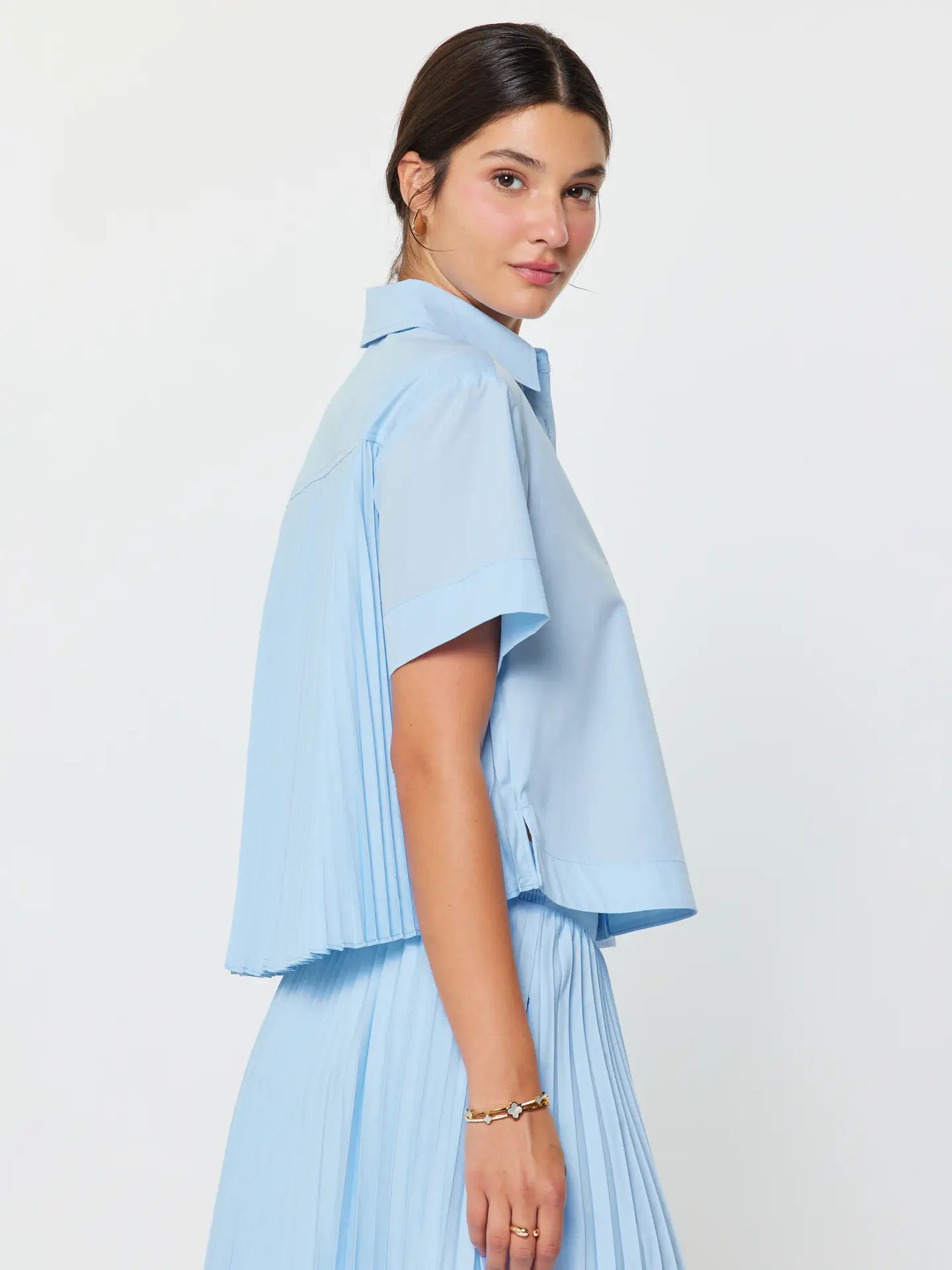 Light Blue Cropped Button-Up Shirt with Pleated Back Detail