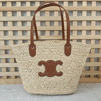 Straw Woven Tote Bag with Tan Leather Handles and Logo Detail