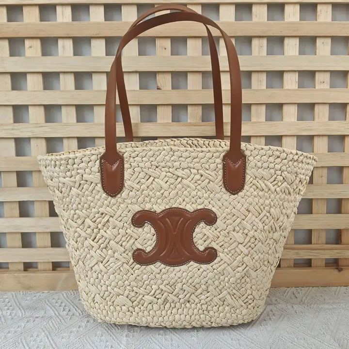 Straw Woven Tote Bag with Tan Leather Handles and Logo Detail
