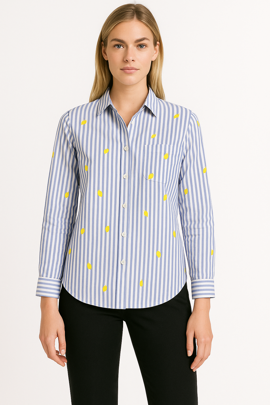 Striped Button-Down Shirt with Lemon Print