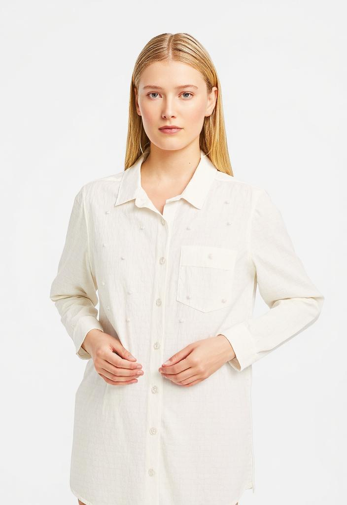 White Button-Down Shirt with Pearl Embellishments