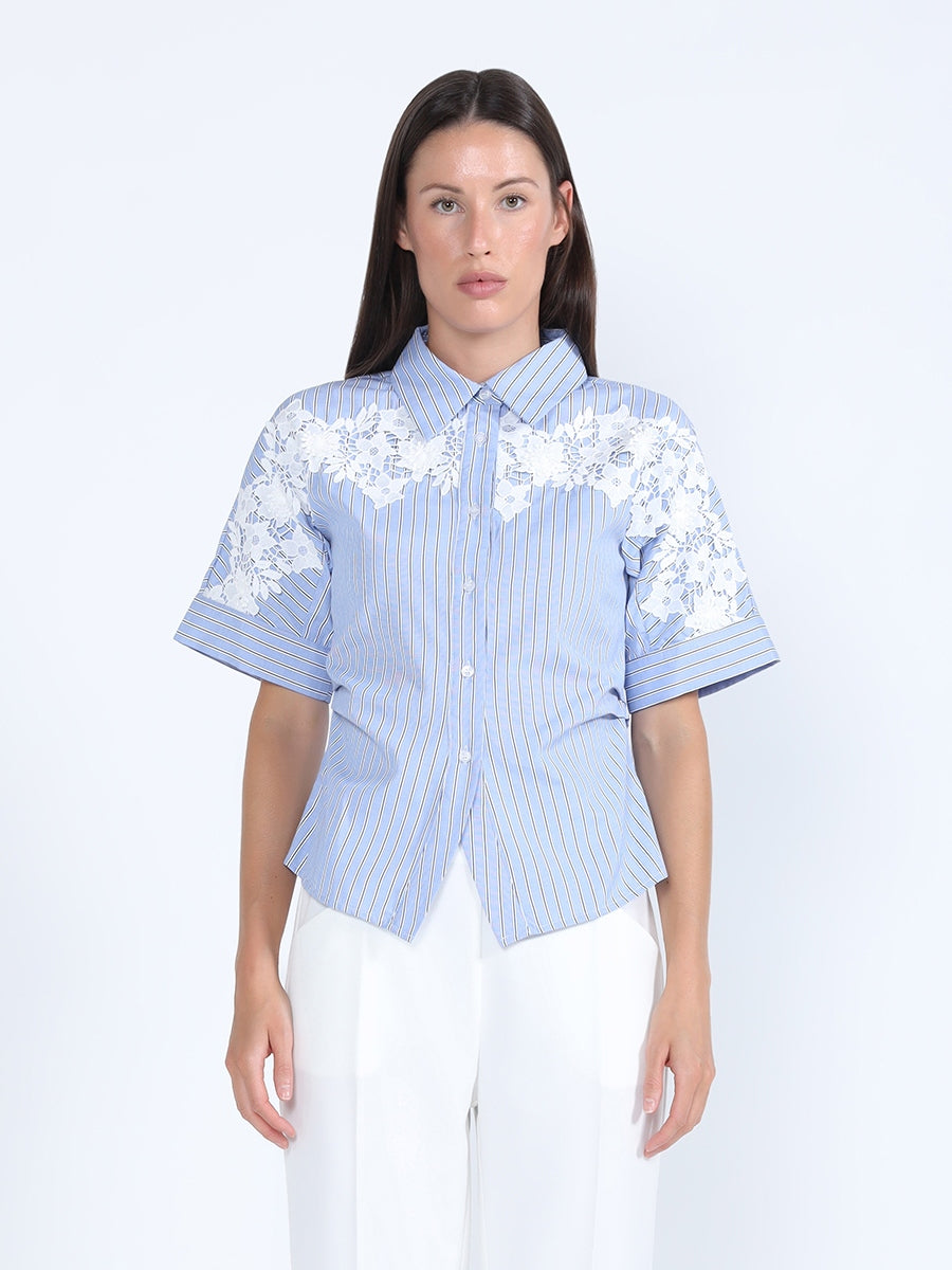Striped Short Sleeve Shirt with Lace Appliqué Detail