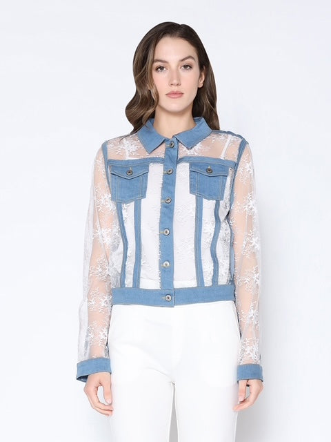 Sheer Lace Denim Trim Jacket with Button Front