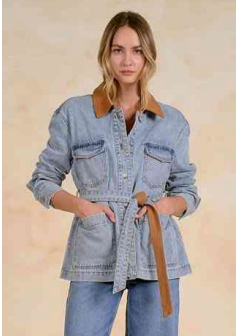 Light Wash Denim Utility Jacket with Contrast Collar & Tie Waist
