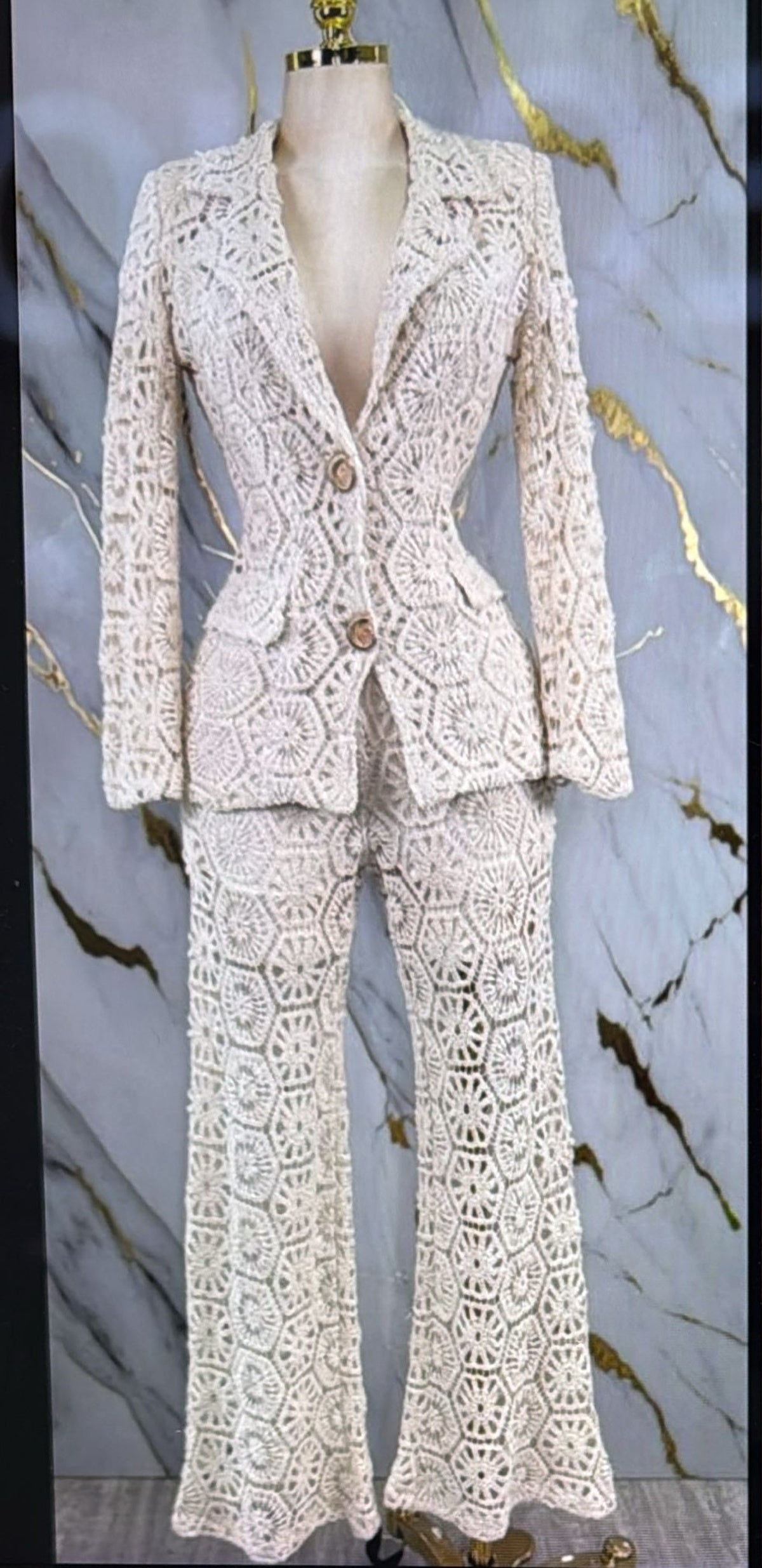 Crochet Lace Blazer and Wide Leg Pants Set