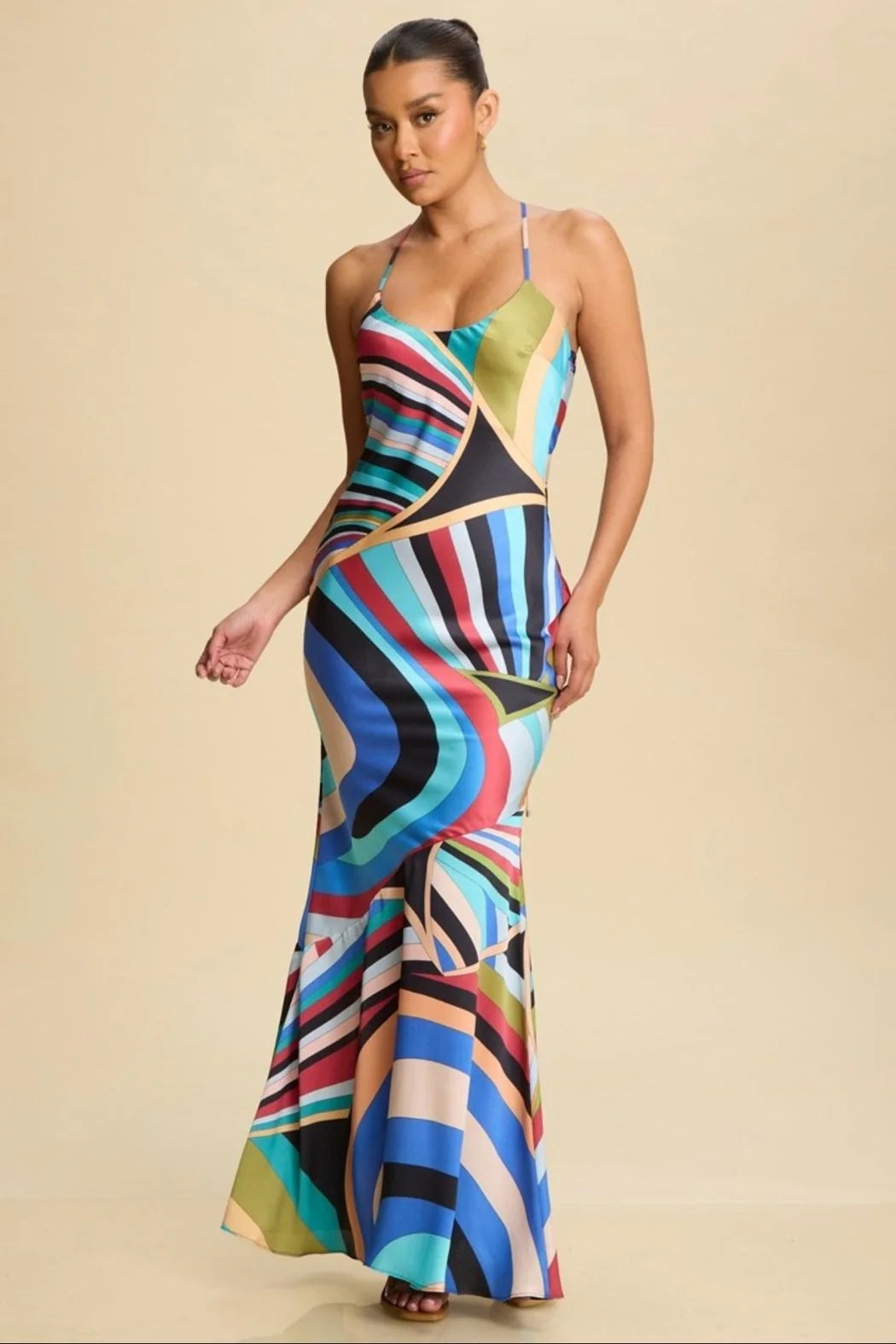 Multicolor Abstract Print Maxi Dress with Spaghetti Straps M Multicolor Abstract Print Maxi Dress with Spaghetti Straps M