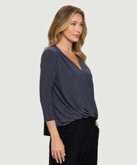 Gray Draped V-Neck Blouse
