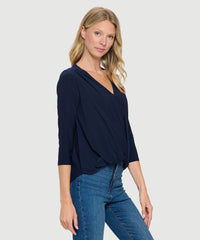 Navy Draped V-Neck Blouse