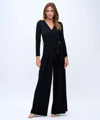 Black Long Sleeve Wrap Jumpsuit with Wide-Leg Pants