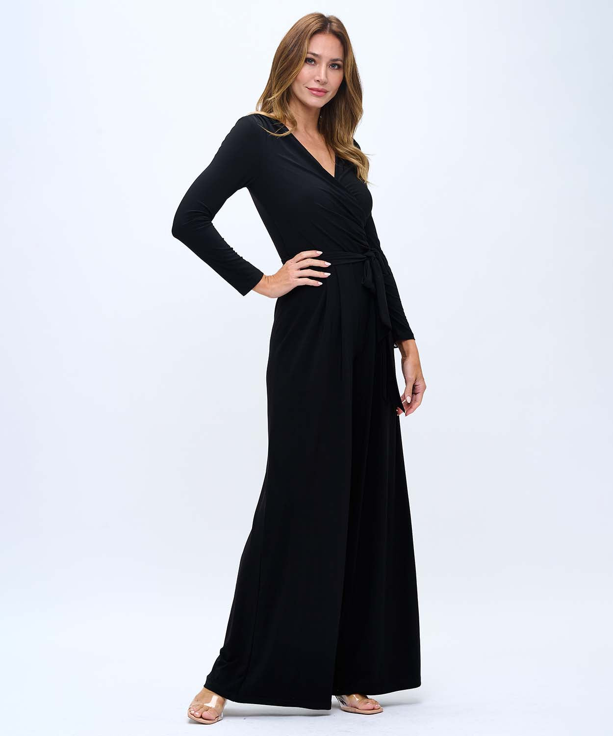 Black Long Sleeve Wrap Jumpsuit with Wide-Leg Pants