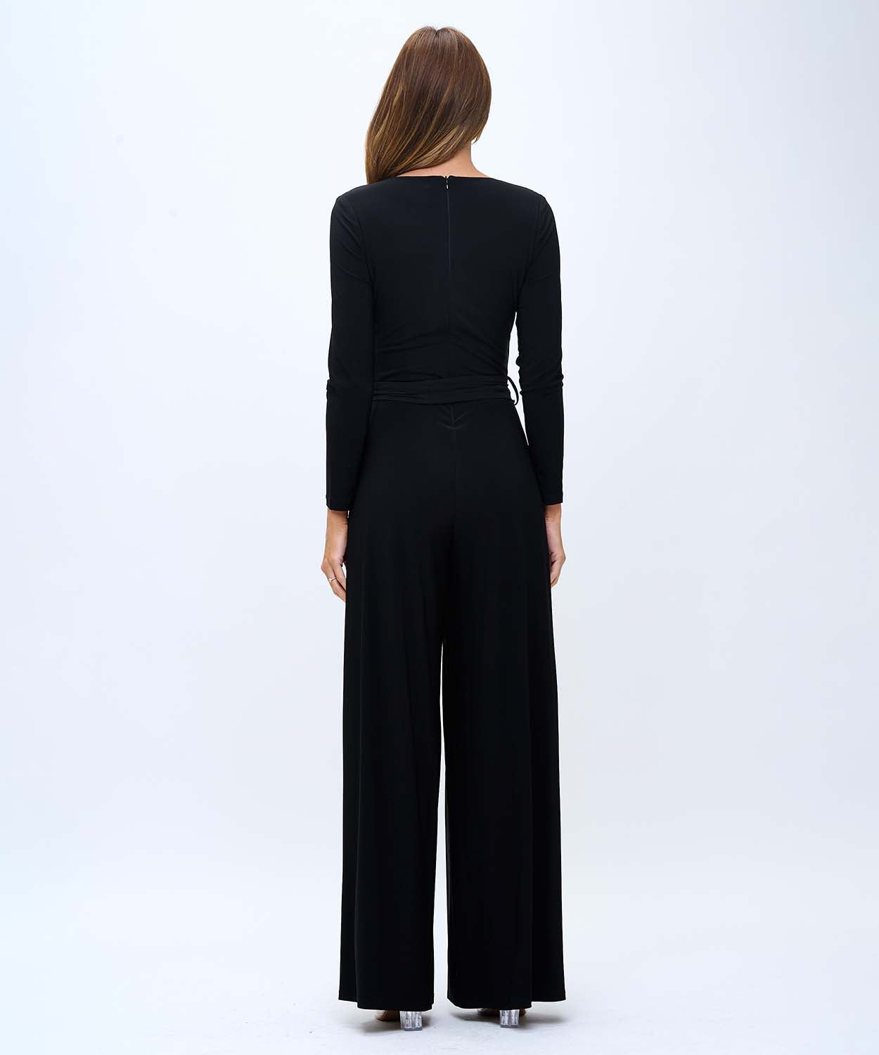 Black Long Sleeve Wrap Jumpsuit with Wide-Leg Pants