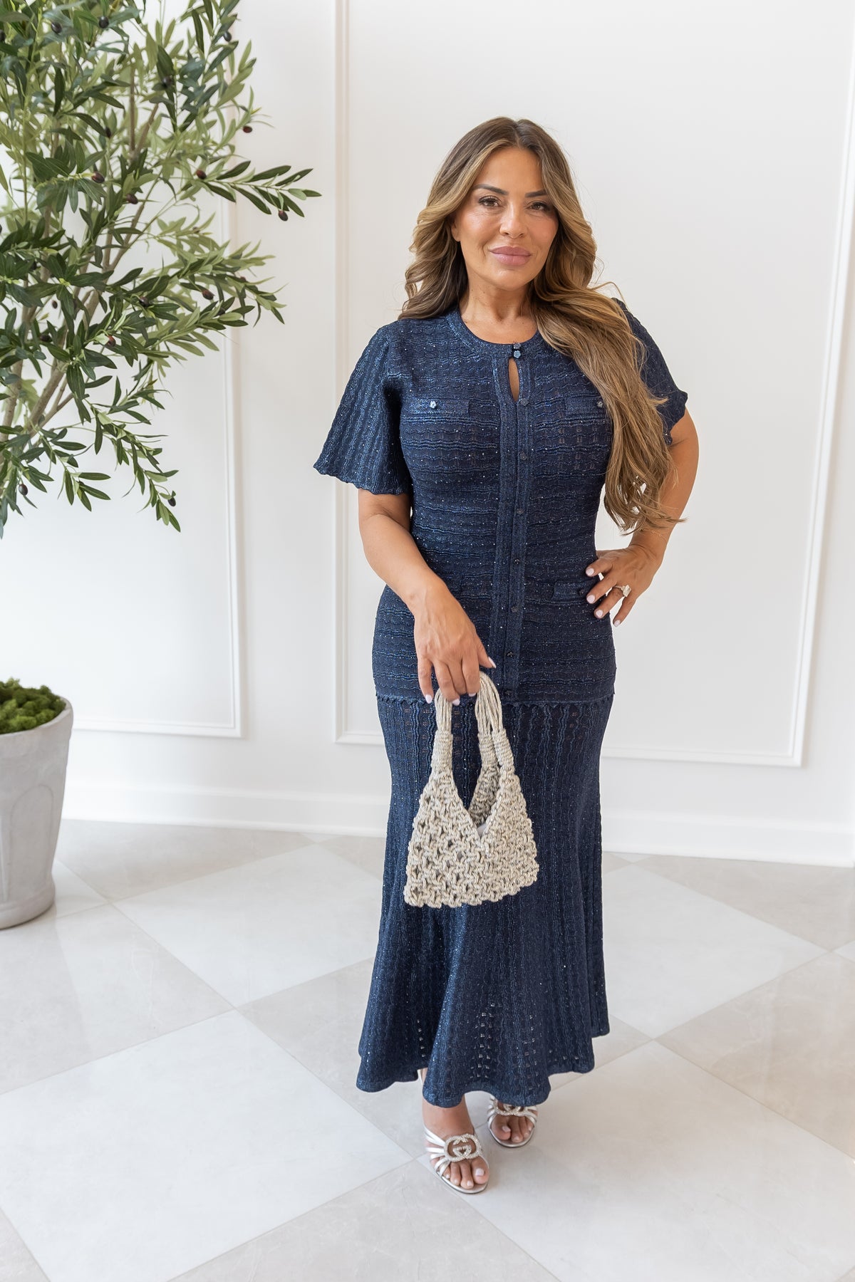 Navy shimmer button-front maxi dress