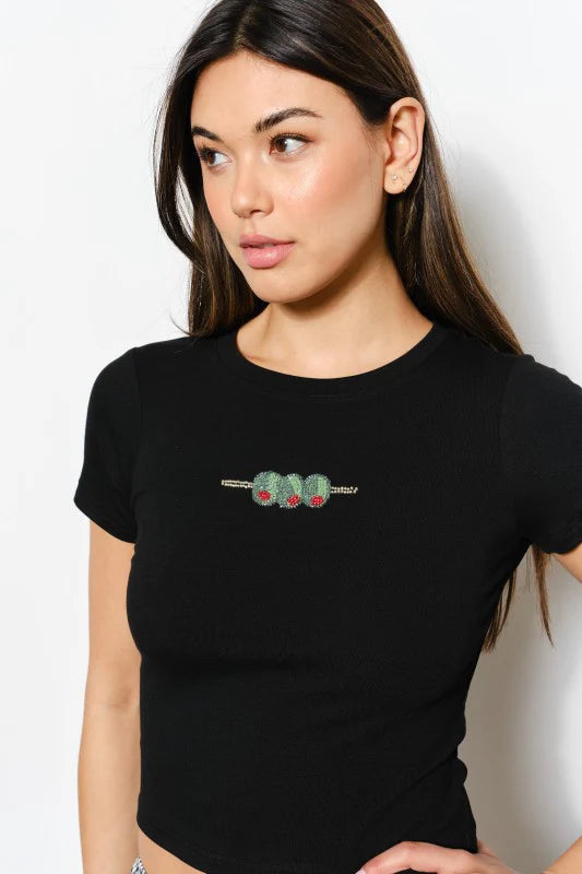 Black Fitted Crop Tee with Beaded Olive Skewer Embellishment