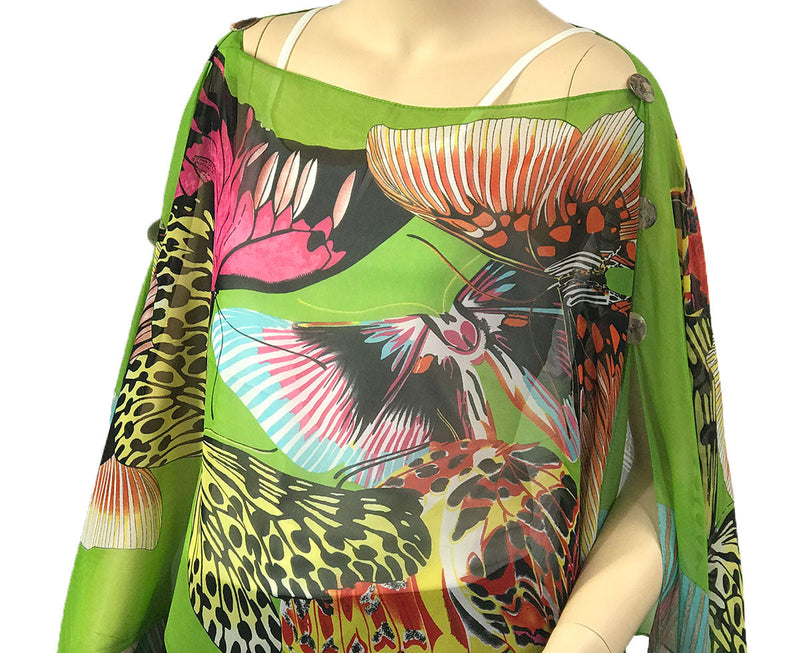 Sheer Green Butterfly Poncho with Shell Button Detail - Green