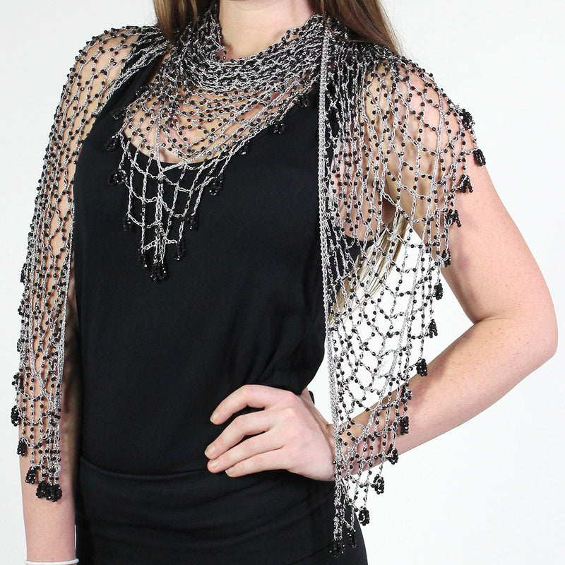 Beaded Fringe Mesh Scarf - Black & Silver