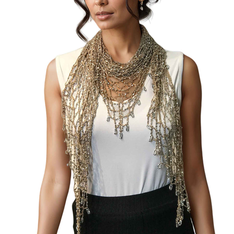 Beaded Fringe Mesh Scarf - Champagne w/ Silver Beads