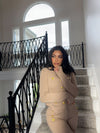 Ribbed Knit Two-Piece Set with Gold Button Accents Nude