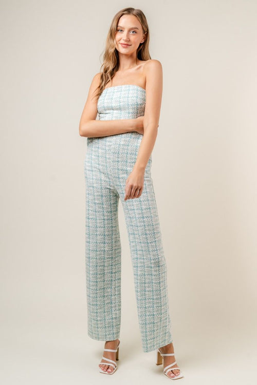 STRETCHY TWEED STRAPLESS WIDE LEG JUMPSUIT