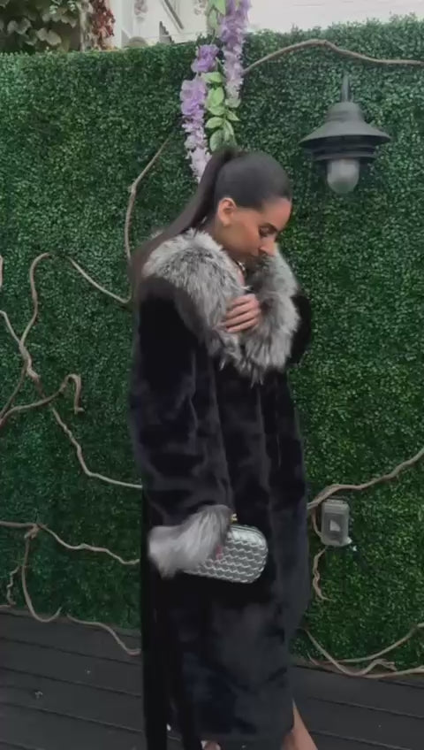 Black Fur Coat with Oversized Fox Trim Collar and Cuffs