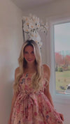 Floral Organza Midi Dress with Spaghetti Straps and Waist Tie