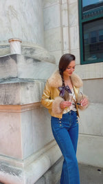 Cropped military jacket with fur cuffs and collar - metallic gold