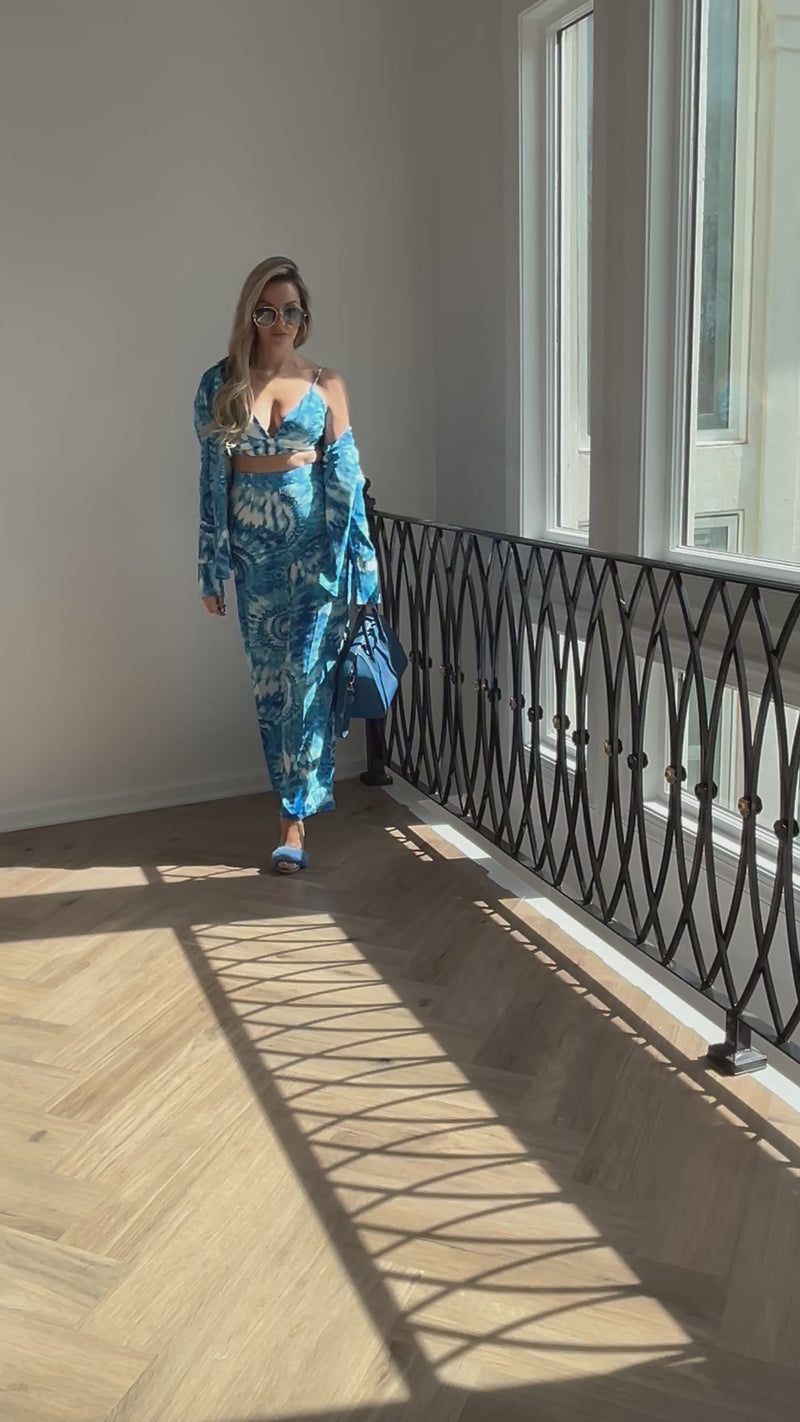 Blue Tie-Dye 3-Piece Wide-Leg Pant Set