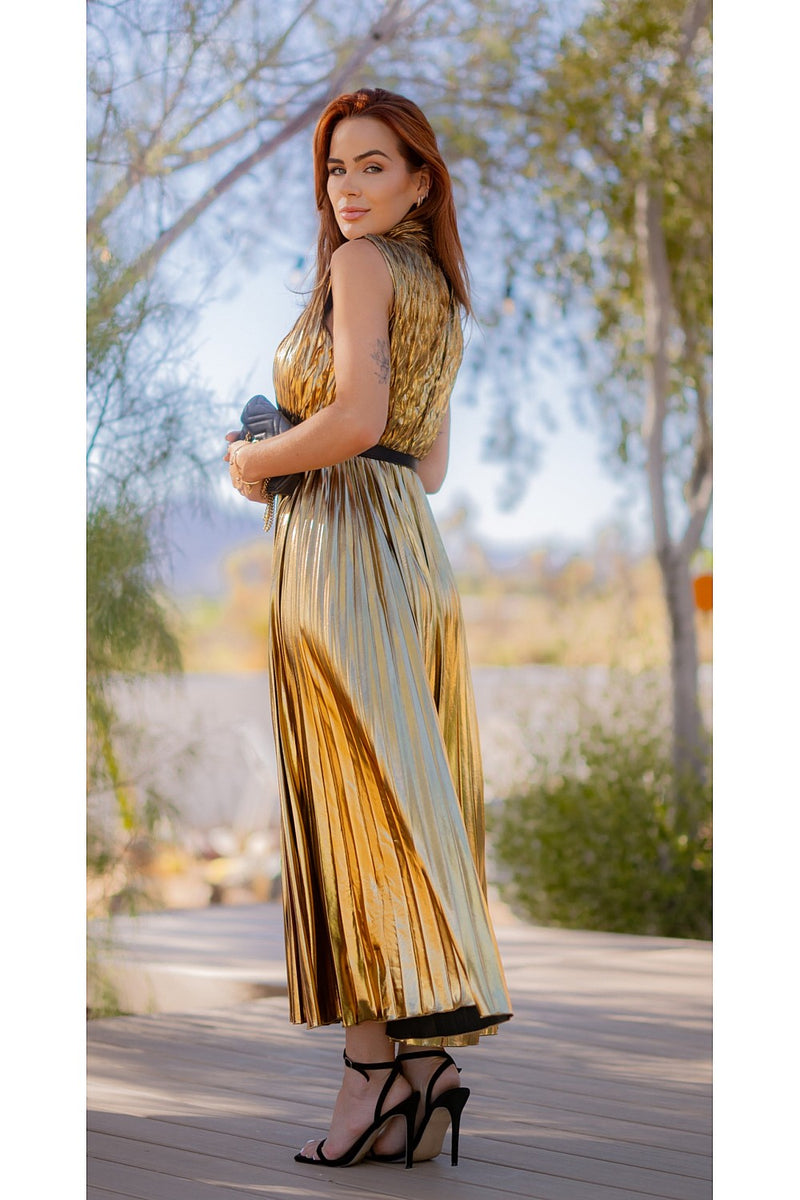 Metallic high neck elastic waist pleated midi dress