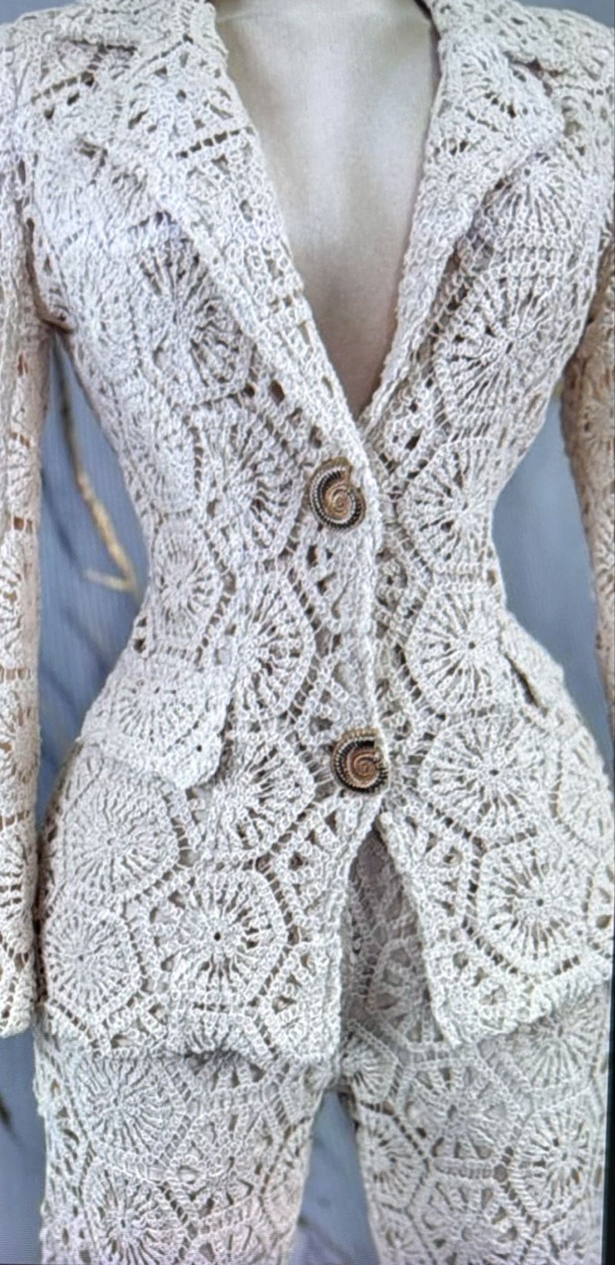 Crochet Lace Blazer and Wide Leg Pants Set