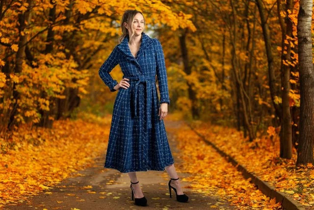 Blue Textured Belted Longline Coat