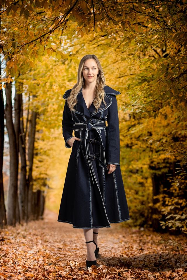 Belted Flared Denim Trench Coat with Contrast Stitching