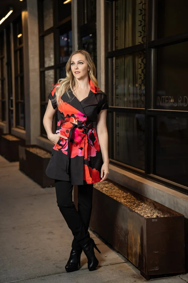Floral Print Belted Trench-Style Short Sleeve dress