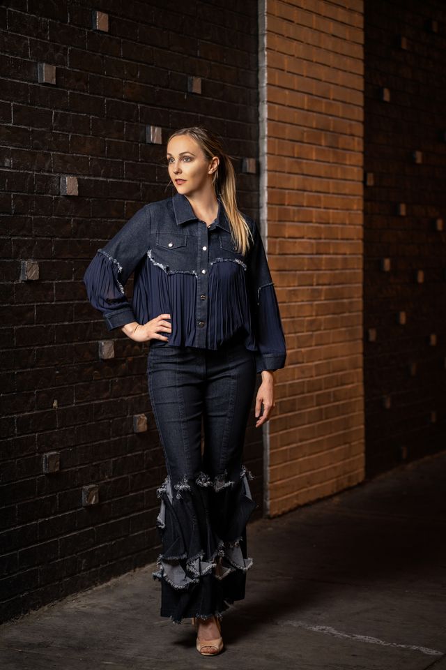 Denim Fringe Pleated Panel Jacket