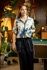 Floral Abstract Zip-Front Short Sleeve Jacket
