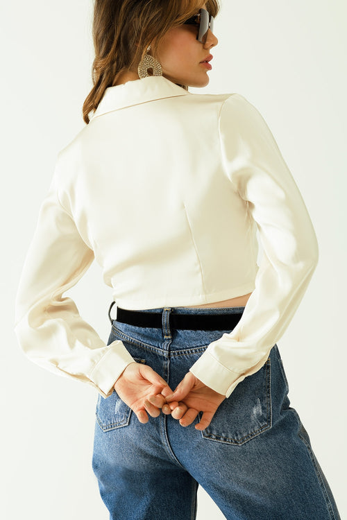 SATIN V-NECK CROP TOP WITH LONG SLEEVES