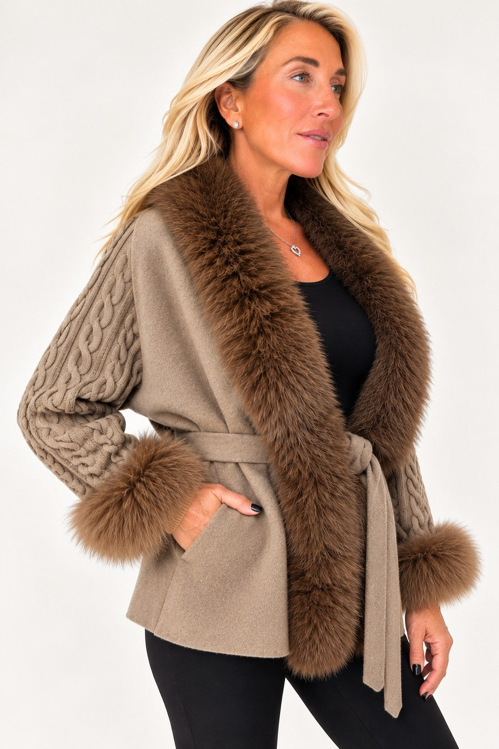 Plush-Trim Cable Knit Cardigan — photo 25