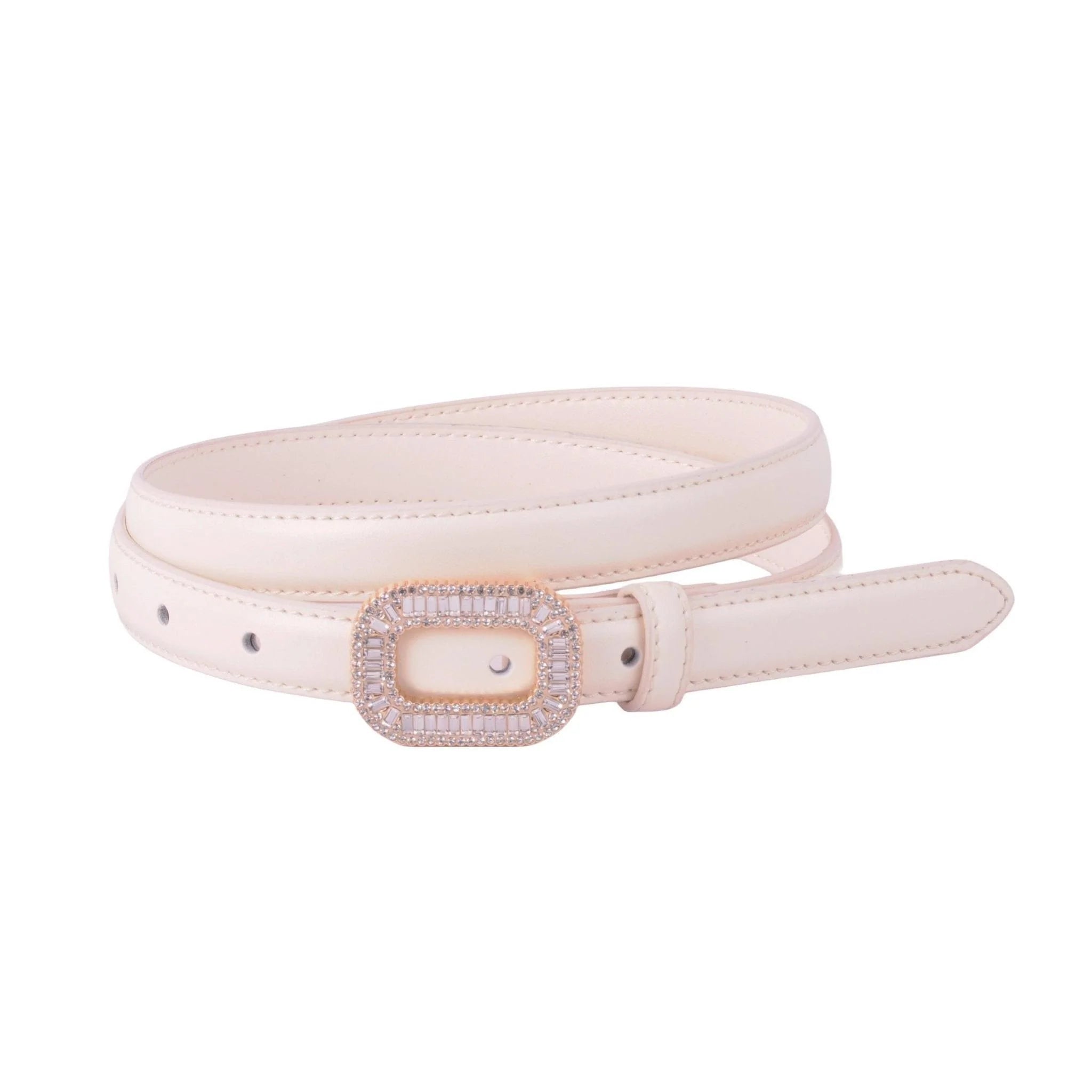 Beige Skinny Belt with Rhinestone Buckle