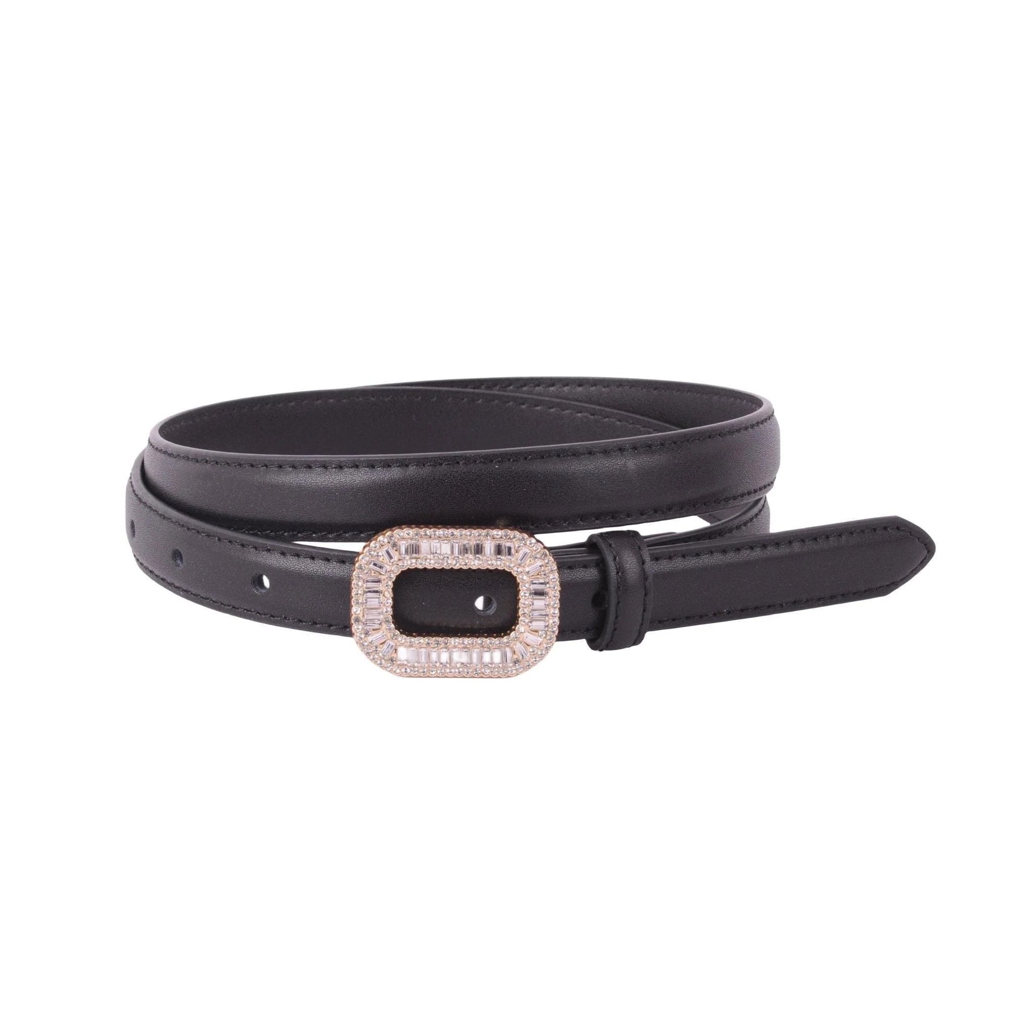 Black Skinny Belt with Rhinestone Buckle
